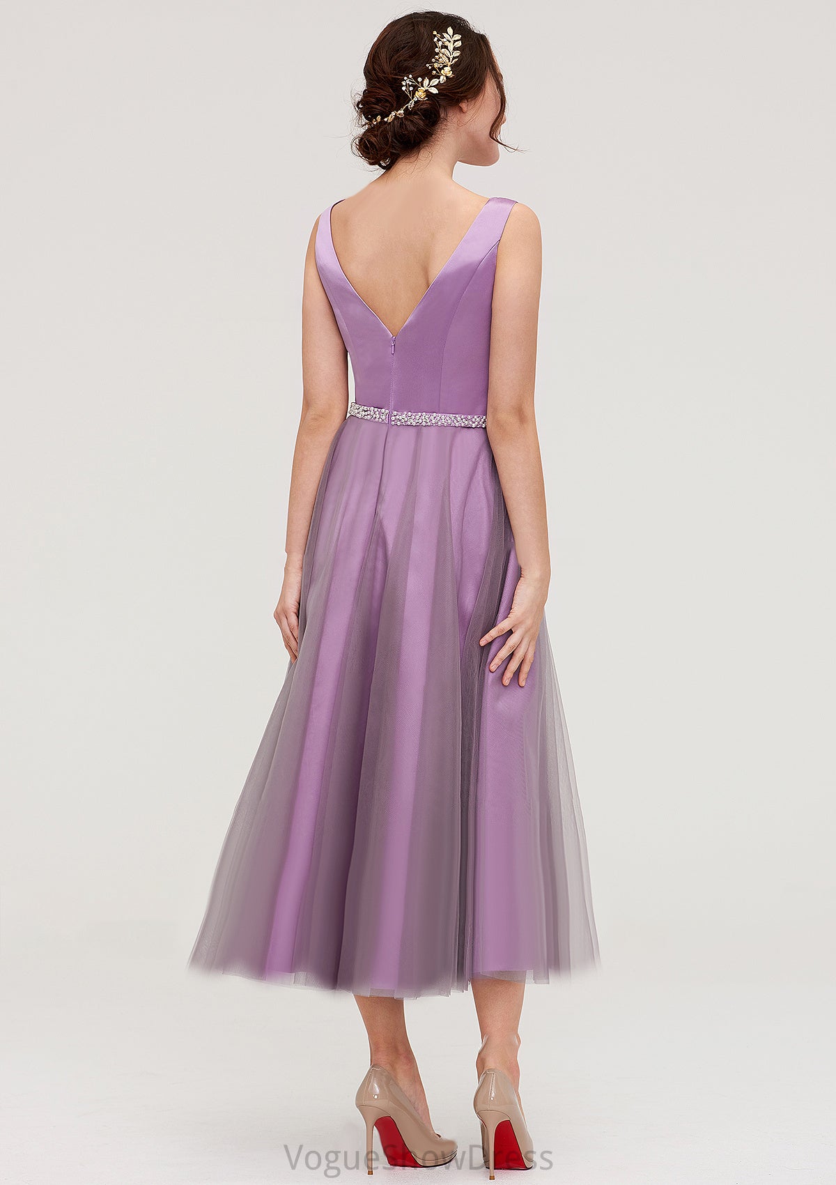 V Neck Sleeveless Tulle Tea-Length A-line/Princess Bridesmaid Dresses With Waistband Beading Pleated Isabela DLP0025395