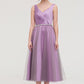 V Neck Sleeveless Tulle Tea-Length A-line/Princess Bridesmaid Dresses With Waistband Beading Pleated Isabela DLP0025395