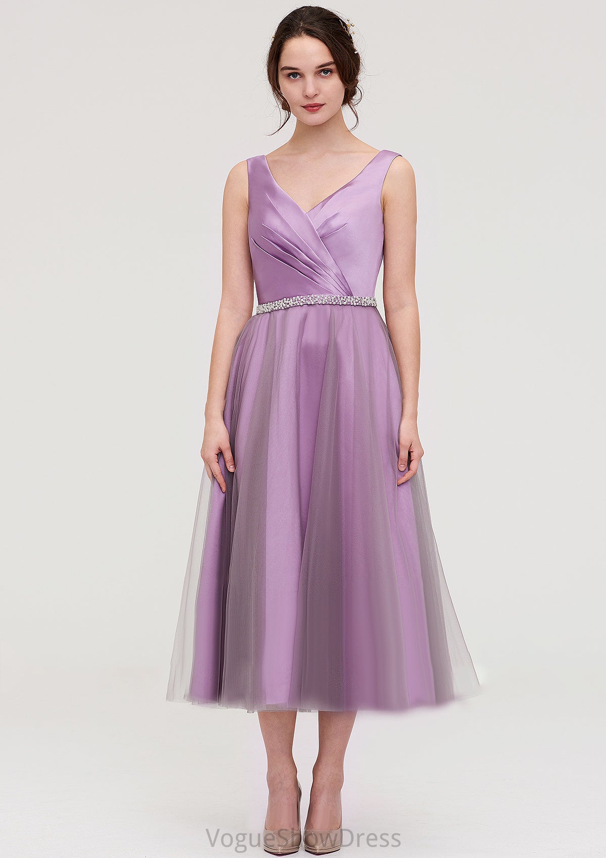 V Neck Sleeveless Tulle Tea-Length A-line/Princess Bridesmaid Dresses With Waistband Beading Pleated Isabela DLP0025395