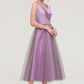 V Neck Sleeveless Tulle Tea-Length A-line/Princess Bridesmaid Dresses With Waistband Beading Pleated Isabela DLP0025395