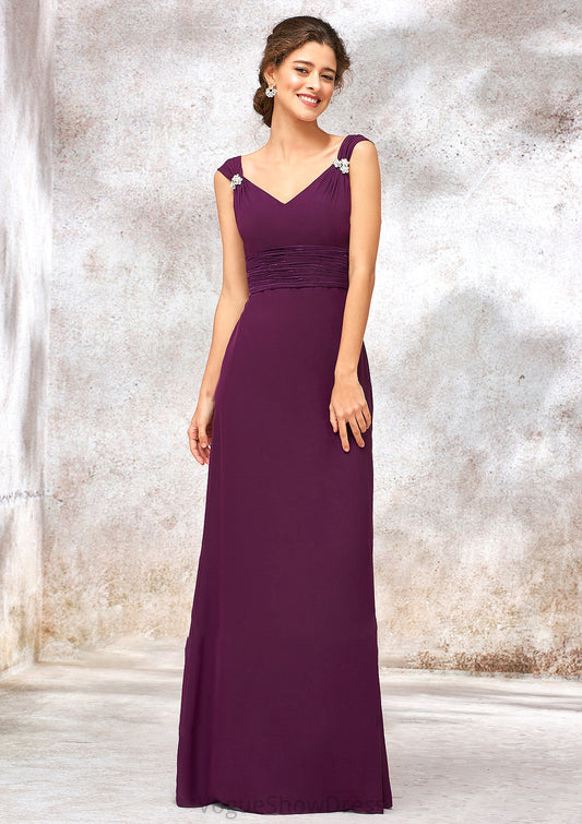 V Neck Sleeveless Long/Floor-Length Sheath/Column Chiffon Bridesmaid Dresses With Sashes Pleated Beading Makaila DLP0025412