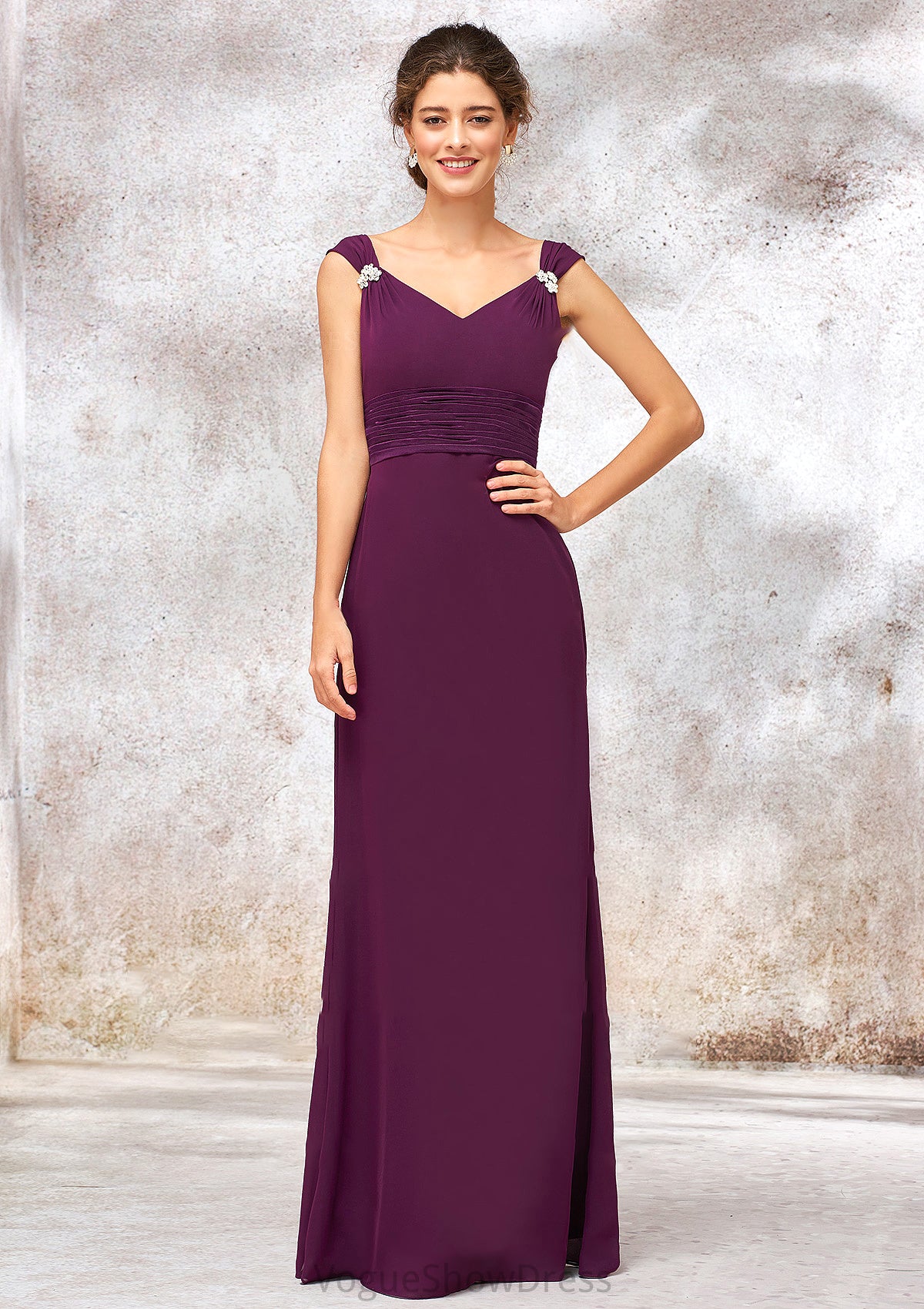 V Neck Sleeveless Long/Floor-Length Sheath/Column Chiffon Bridesmaid Dresses With Sashes Pleated Beading Makaila DLP0025412