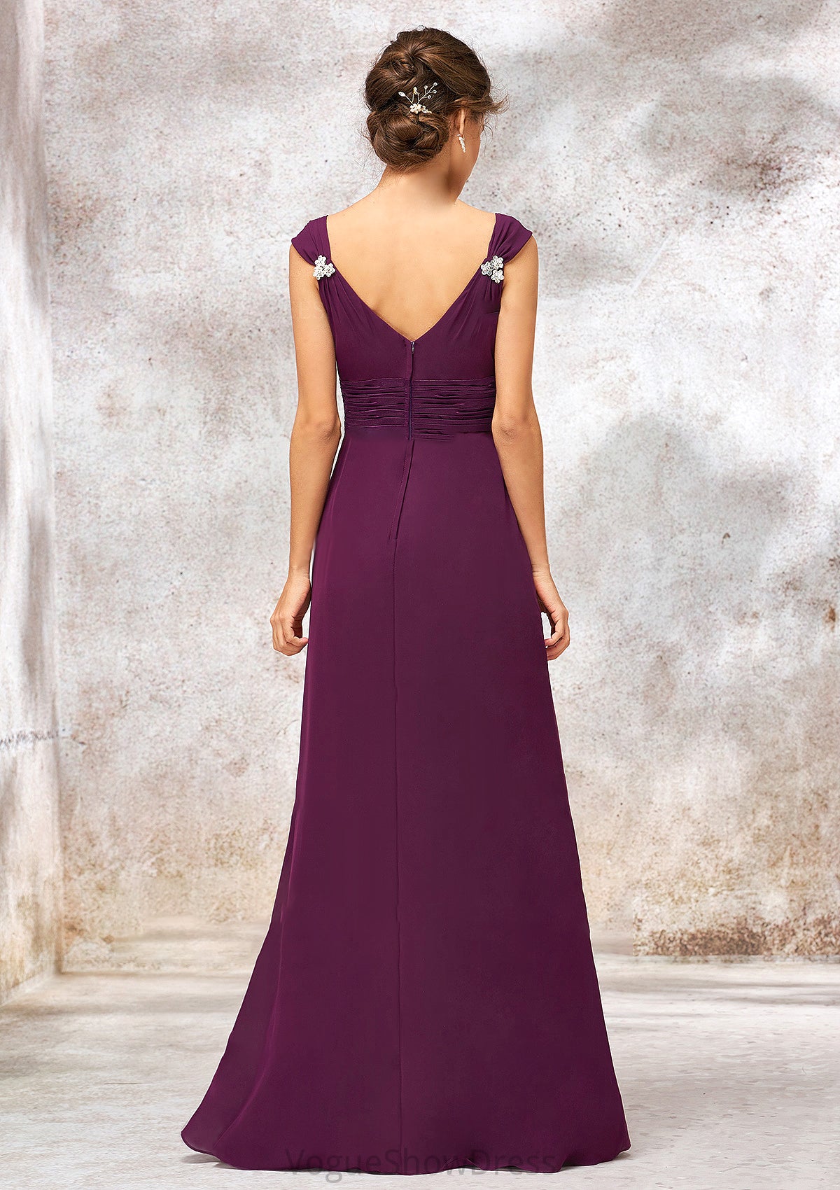 V Neck Sleeveless Long/Floor-Length Sheath/Column Chiffon Bridesmaid Dresses With Sashes Pleated Beading Makaila DLP0025412