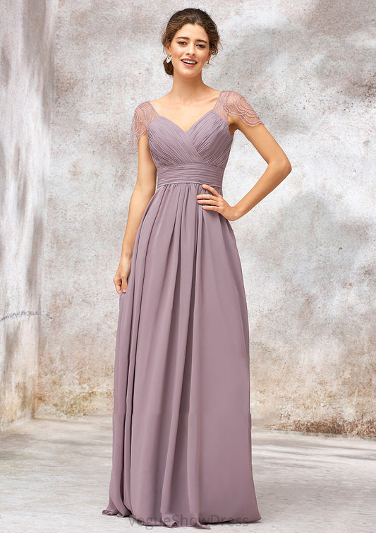 V Neck Long/Floor-Length Chiffon A-line/Princess Bridesmaid Dresses With Pleated Beading Elle DLP0025416