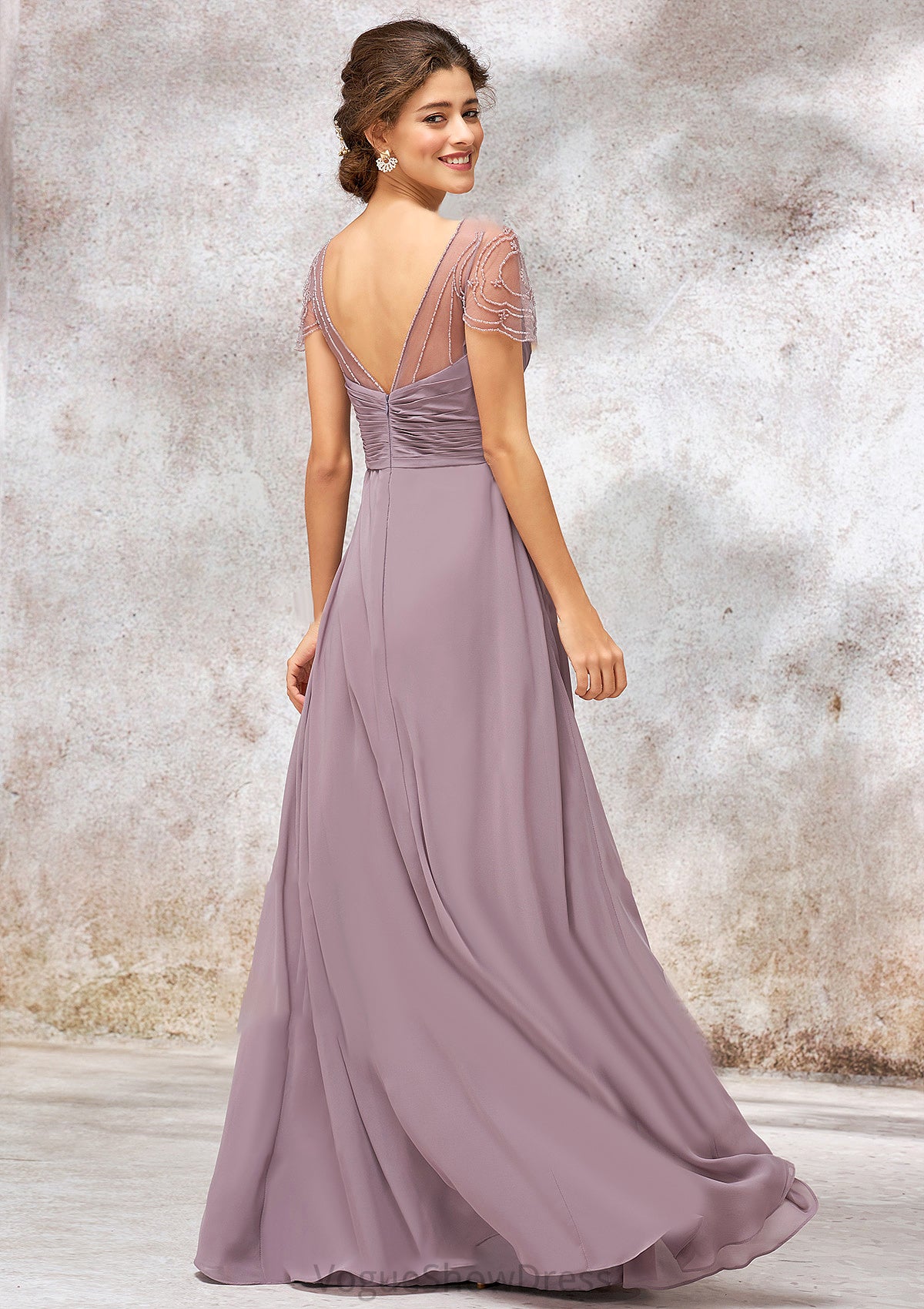 V Neck Long/Floor-Length Chiffon A-line/Princess Bridesmaid Dresses With Pleated Beading Elle DLP0025416