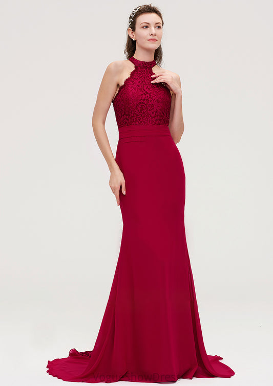 Sleeveless Scoop Neck Court Train Trumpet/Mermaid Chiffon Bridesmaid Dresseses With Lace Diamond DLP0025417