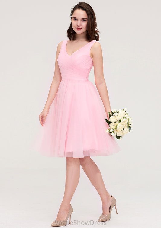 Sleeveless V Neck Knee-Length Tulle A-line/Princess Bridesmaid Dresses With Pleated Abigayle DLP0025426