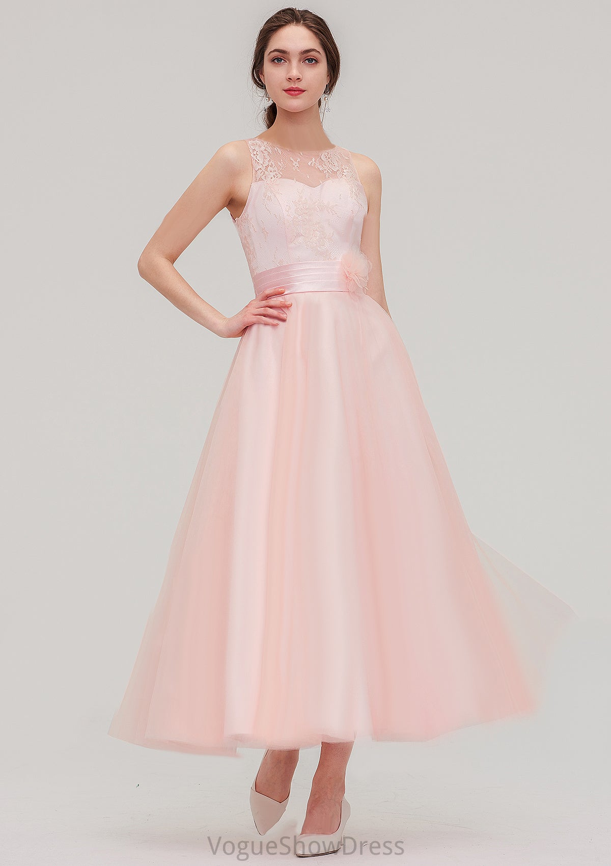 Tea-Length Sleeveless Bateau Tulle A-line/Princess Bridesmaid Dresses With Waistband Lace Maeve DLP0025429