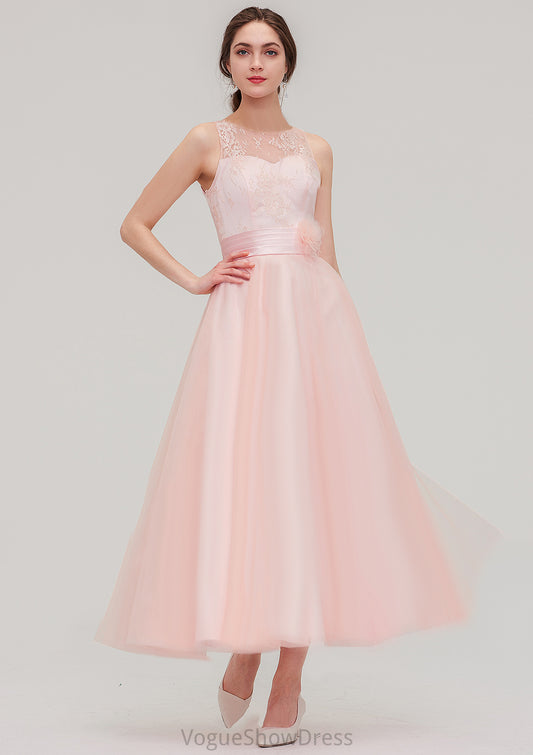 Tea-Length Sleeveless Bateau Tulle A-line/Princess Bridesmaid Dresses With Waistband Lace Maeve DLP0025429