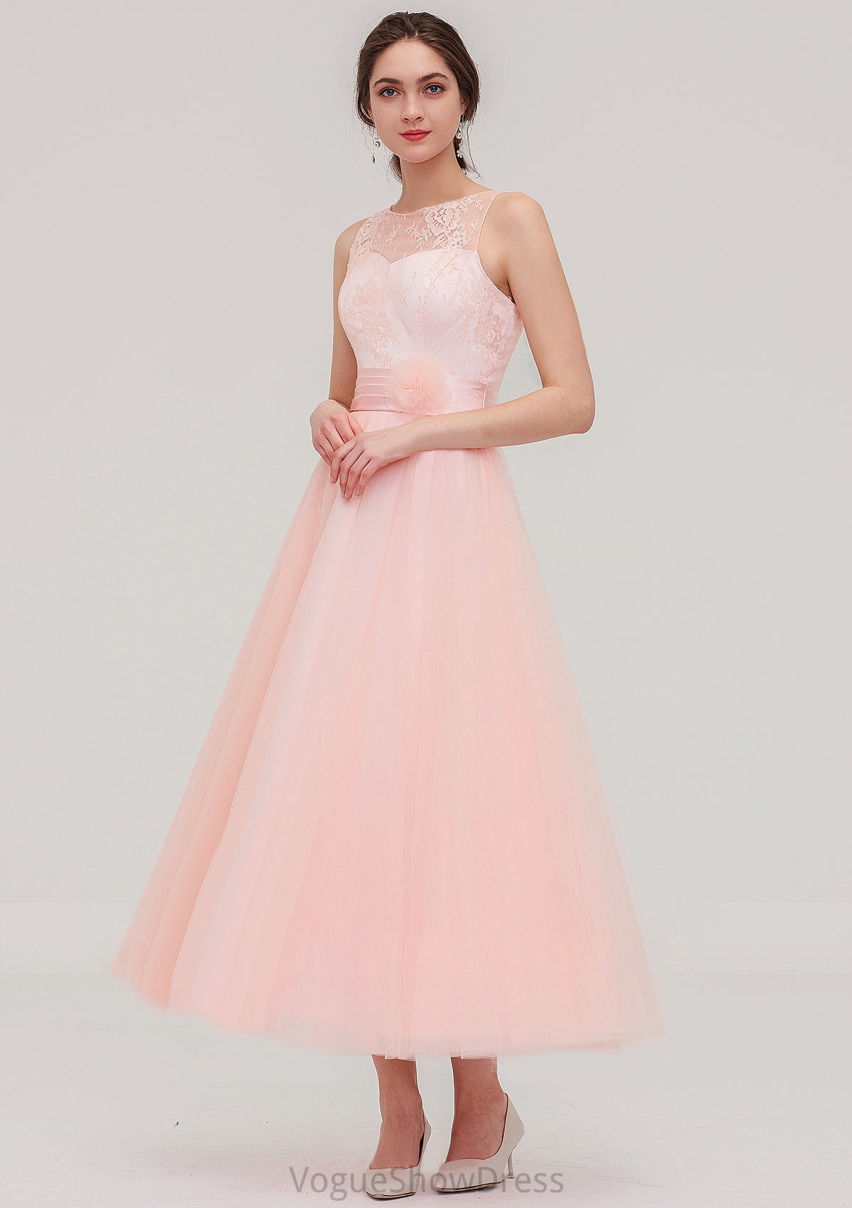 Tea-Length Sleeveless Bateau Tulle A-line/Princess Bridesmaid Dresses With Waistband Lace Maeve DLP0025429