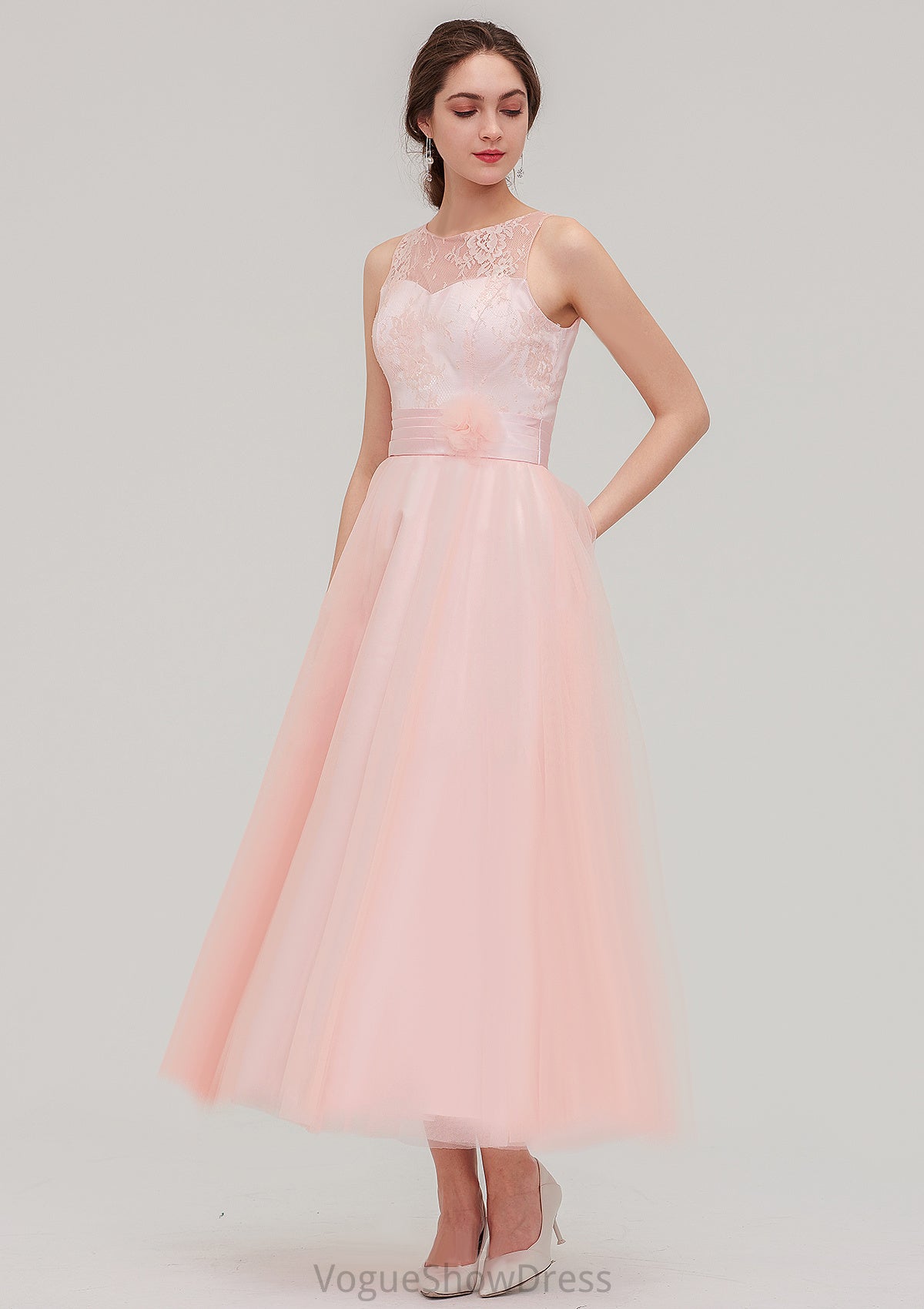 Tea-Length Sleeveless Bateau Tulle A-line/Princess Bridesmaid Dresses With Waistband Lace Maeve DLP0025429