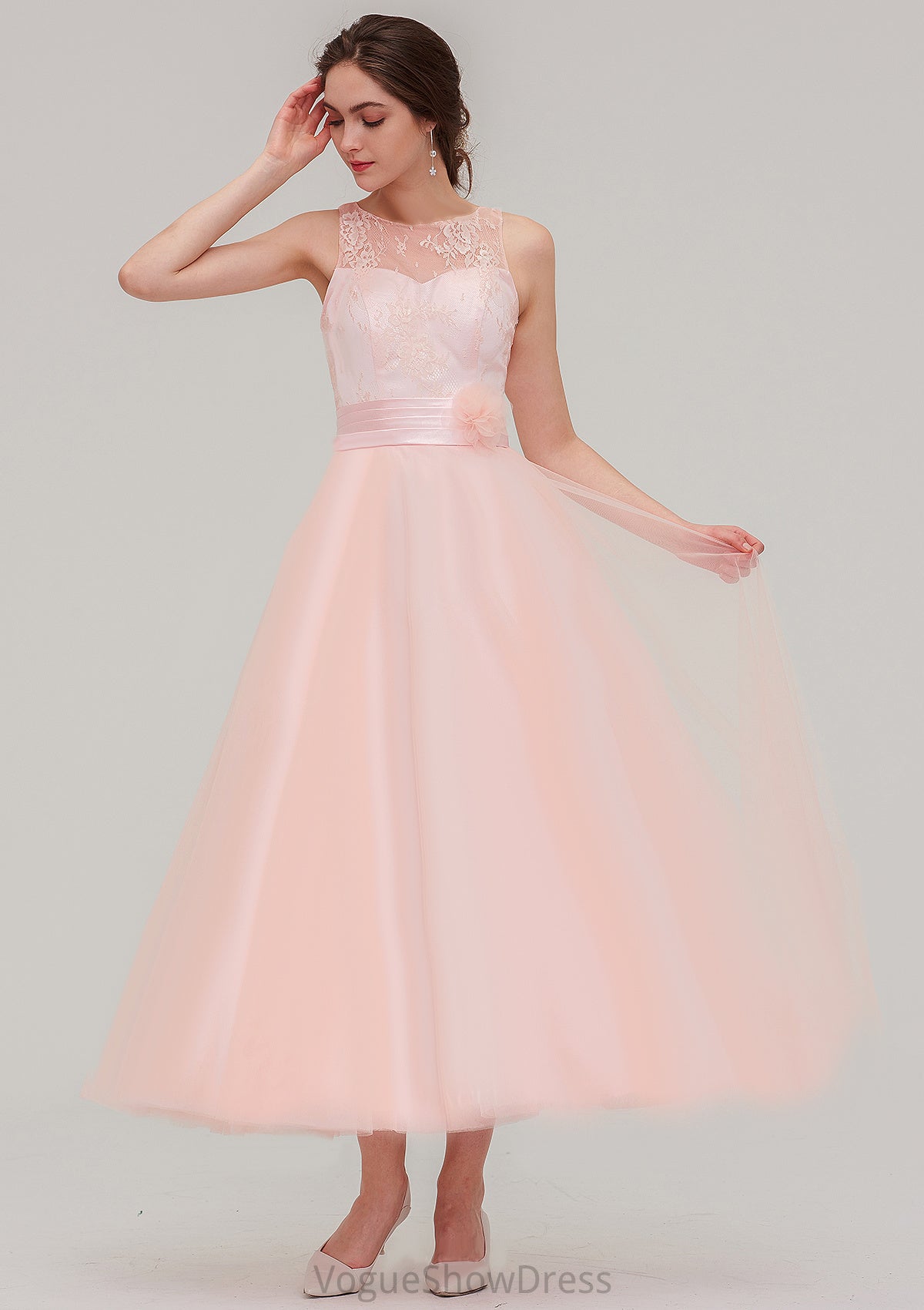 Tea-Length Sleeveless Bateau Tulle A-line/Princess Bridesmaid Dresses With Waistband Lace Maeve DLP0025429