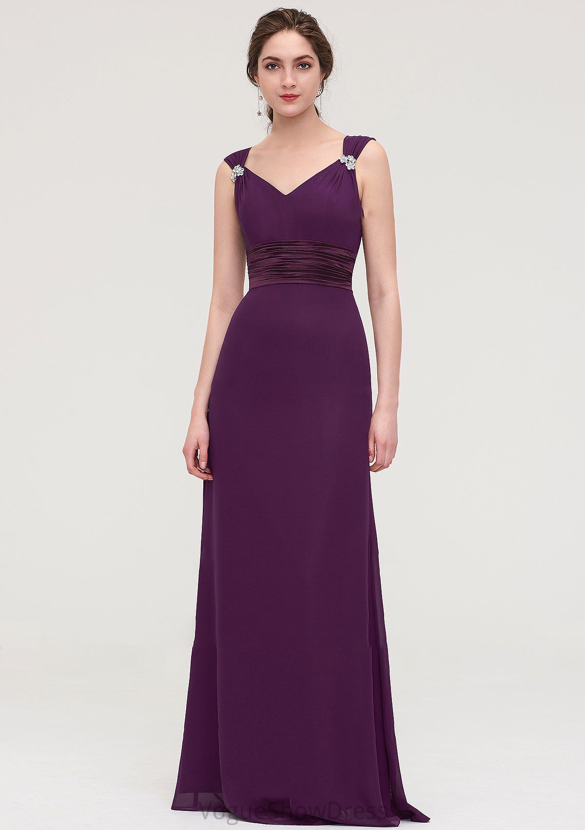 Sleeveless V Neck Long/Floor-Length Sheath/Column Chiffon Bridesmaid Dresses With Sashes Beading Pleated Emely DLP0025432