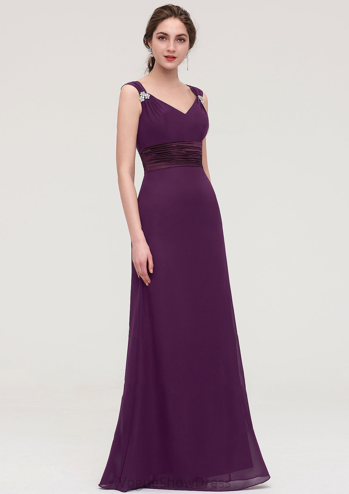 Sleeveless V Neck Long/Floor-Length Sheath/Column Chiffon Bridesmaid Dresses With Sashes Beading Pleated Emely DLP0025432