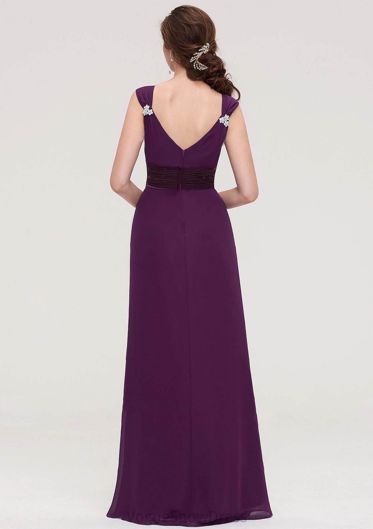 Sleeveless V Neck Long/Floor-Length Sheath/Column Chiffon Bridesmaid Dresses With Sashes Beading Pleated Emely DLP0025432