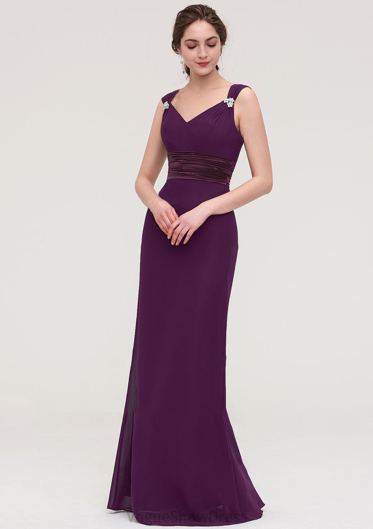 Sleeveless V Neck Long/Floor-Length Sheath/Column Chiffon Bridesmaid Dresses With Sashes Beading Pleated Emely DLP0025432