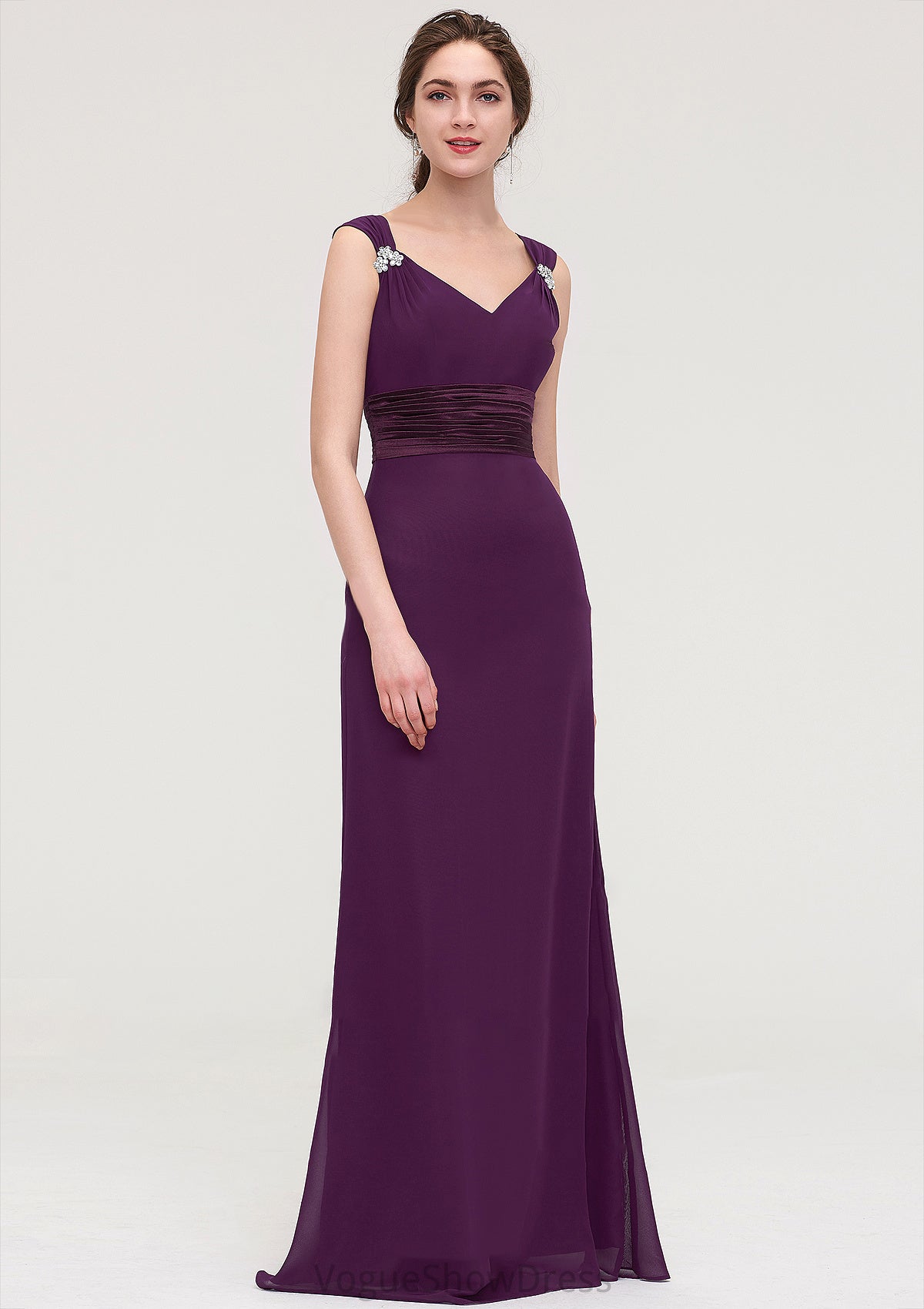 Sleeveless V Neck Long/Floor-Length Sheath/Column Chiffon Bridesmaid Dresses With Sashes Beading Pleated Emely DLP0025432