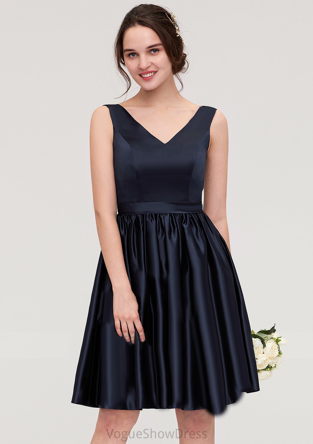 V Neck Sleeveless A-line/Princess Knee-Length Satin Bridesmaid Dresses With Pleated Reese DLP0025433