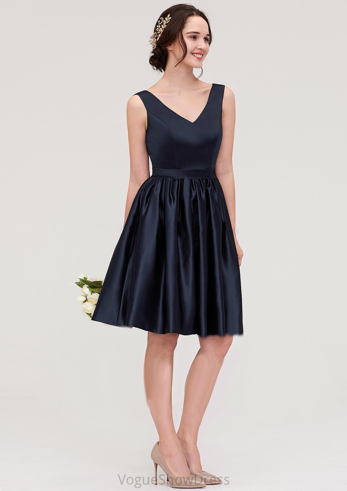 V Neck Sleeveless A-line/Princess Knee-Length Satin Bridesmaid Dresses With Pleated Reese DLP0025433