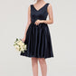 V Neck Sleeveless A-line/Princess Knee-Length Satin Bridesmaid Dresses With Pleated Reese DLP0025433