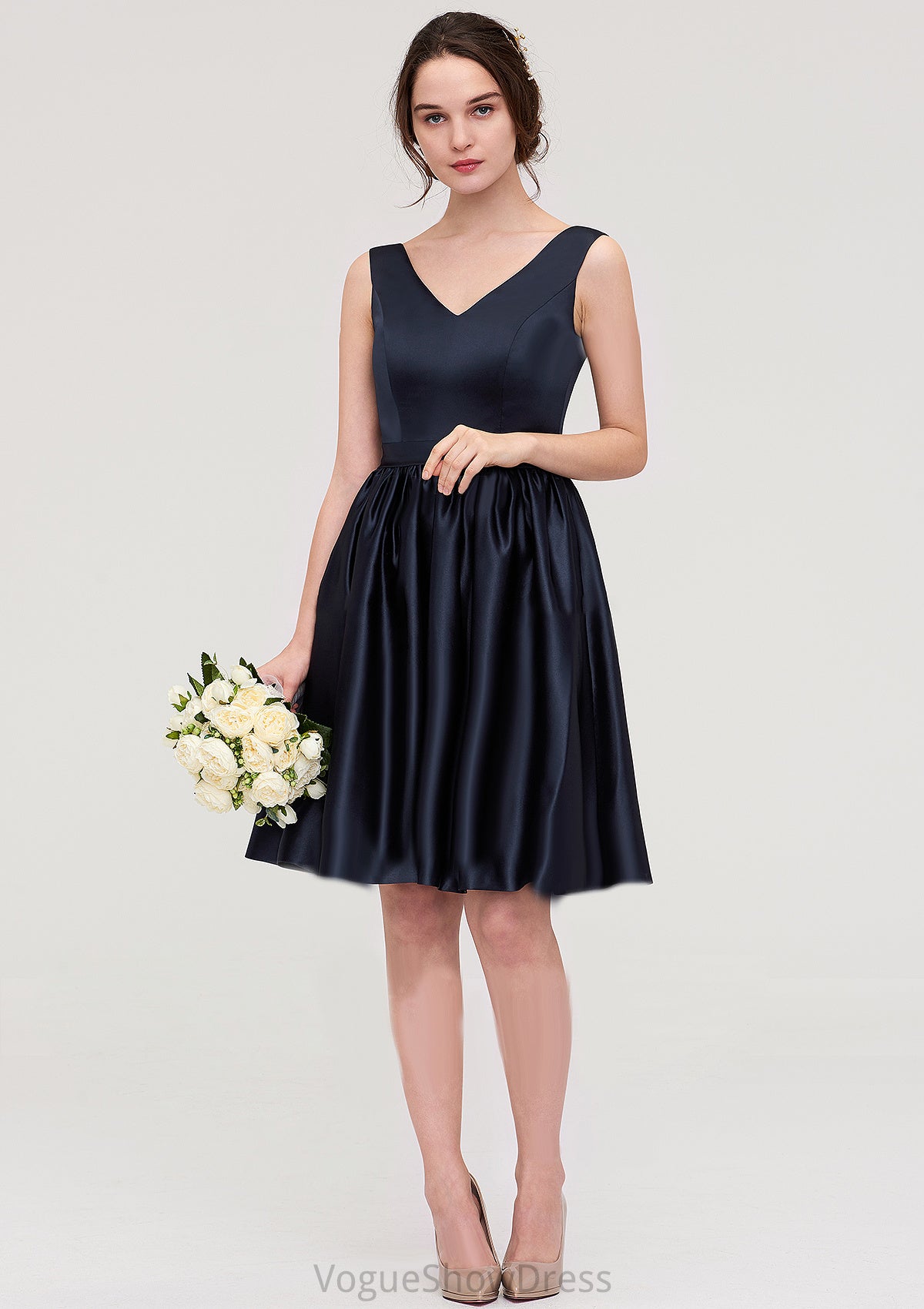 V Neck Sleeveless A-line/Princess Knee-Length Satin Bridesmaid Dresses With Pleated Reese DLP0025433