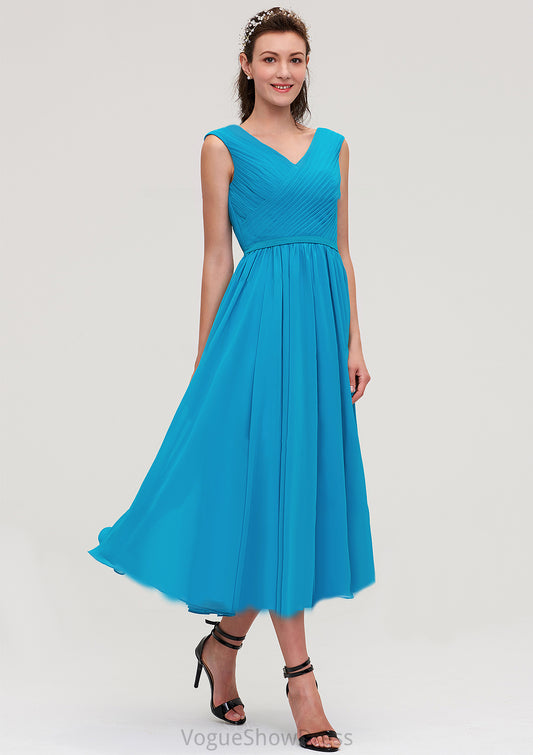 Sleeveless V Neck Tea-Length Chiffon A-line/Princess Bridesmaid Dresseses With Pleated Genesis DLP0025448