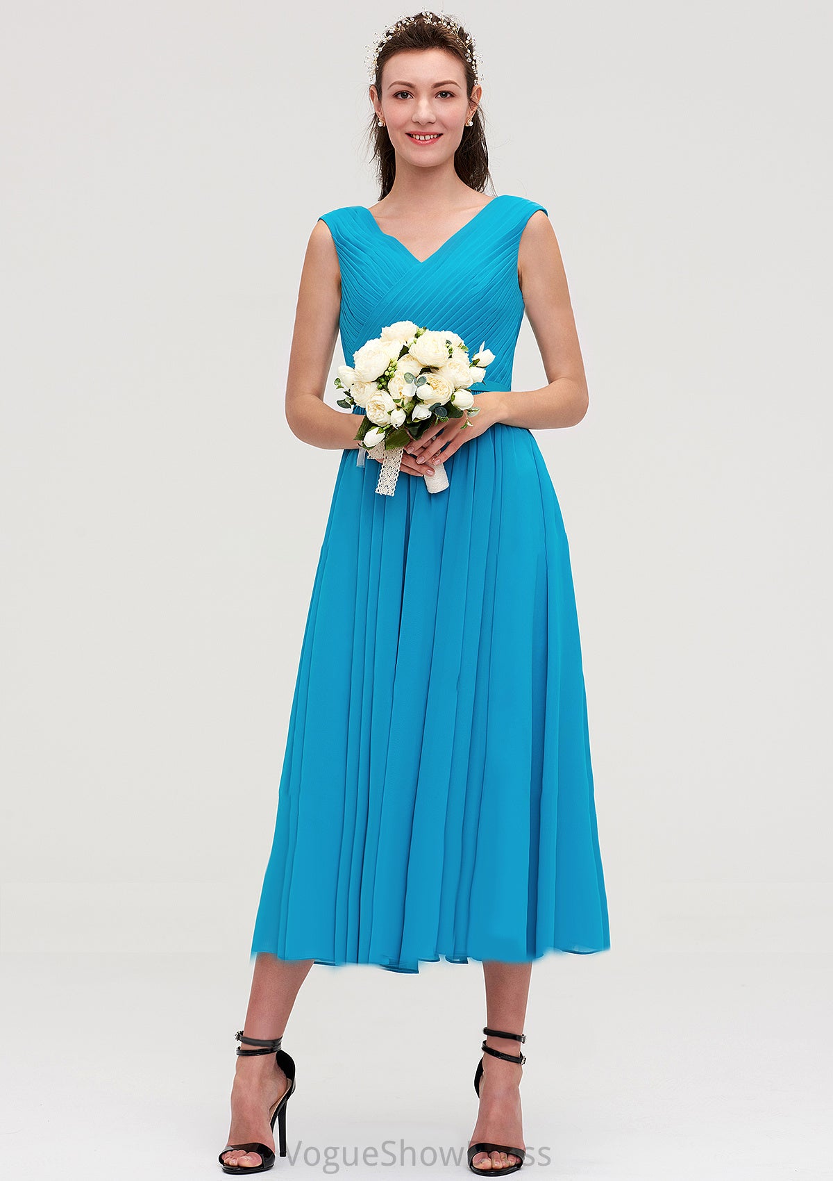 Sleeveless V Neck Tea-Length Chiffon A-line/Princess Bridesmaid Dresseses With Pleated Genesis DLP0025448