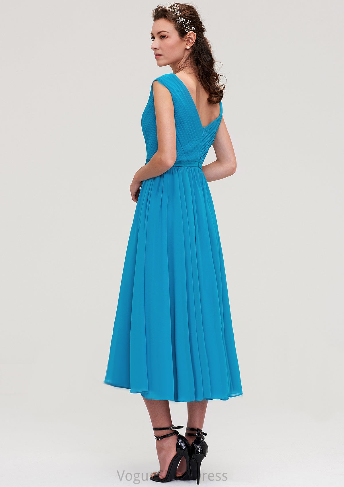 Sleeveless V Neck Tea-Length Chiffon A-line/Princess Bridesmaid Dresseses With Pleated Genesis DLP0025448