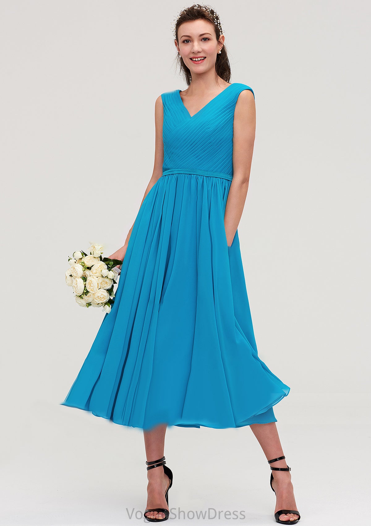 Sleeveless V Neck Tea-Length Chiffon A-line/Princess Bridesmaid Dresseses With Pleated Genesis DLP0025448