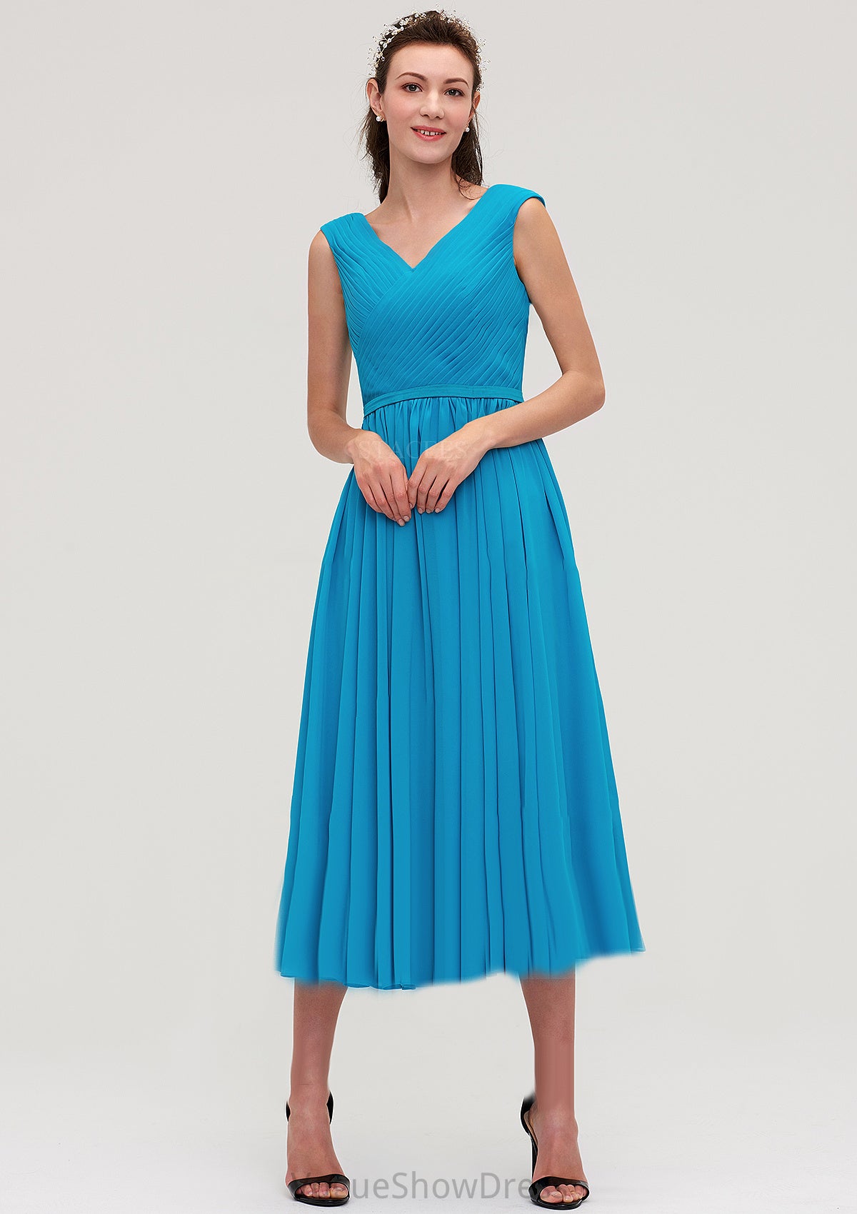 Sleeveless V Neck Tea-Length Chiffon A-line/Princess Bridesmaid Dresseses With Pleated Genesis DLP0025448