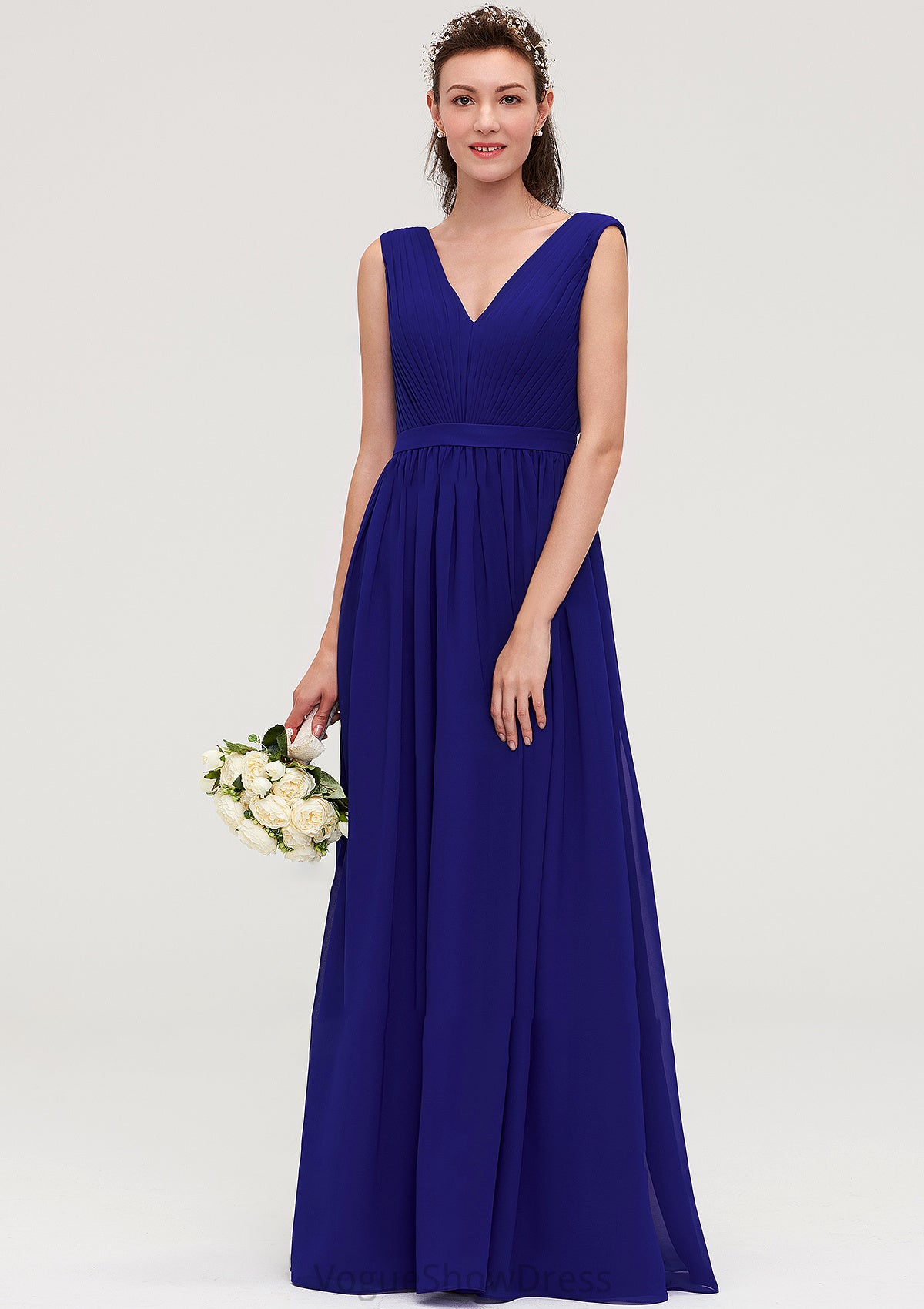 Sleeveless V Neck Chiffon A-line/Princess Long/Floor-Length Bridesmaid Dresseses With Pleated Jazmine DLP0025459