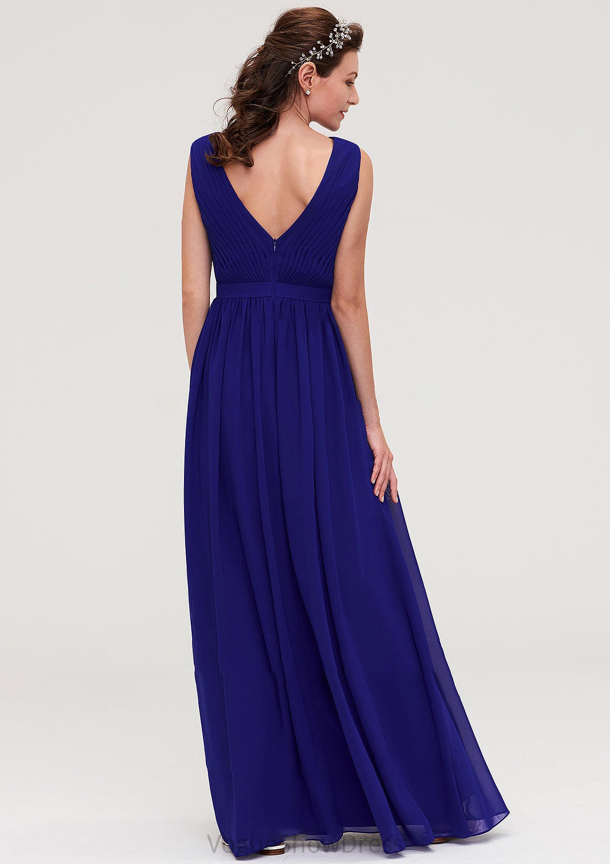 Sleeveless V Neck Chiffon A-line/Princess Long/Floor-Length Bridesmaid Dresseses With Pleated Jazmine DLP0025459