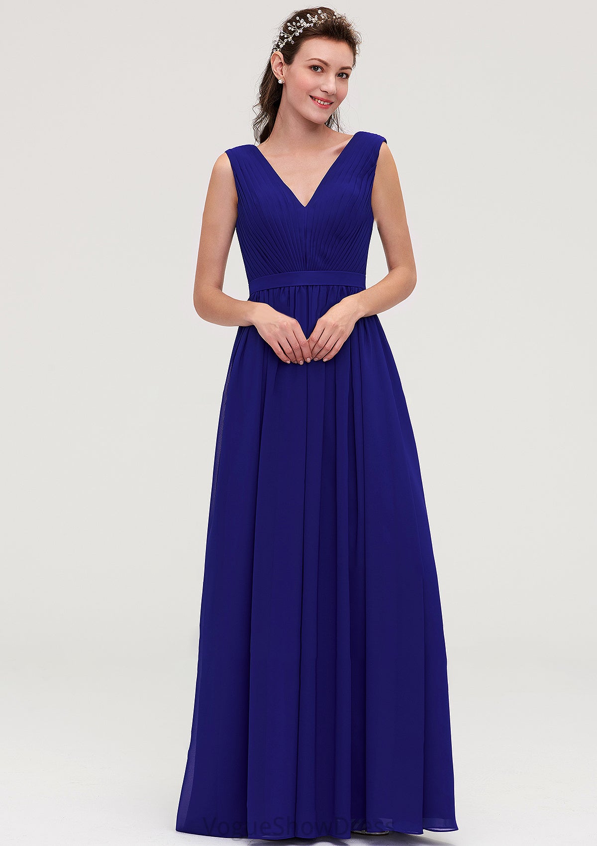 Sleeveless V Neck Chiffon A-line/Princess Long/Floor-Length Bridesmaid Dresseses With Pleated Jazmine DLP0025459