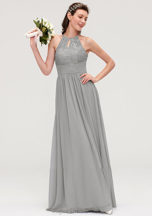 Sleeveless Scoop Neck Chiffon A-line/Princess Long/Floor-Length Bridesmaid Dresseses With Pleated Lace Saige DLP0025460