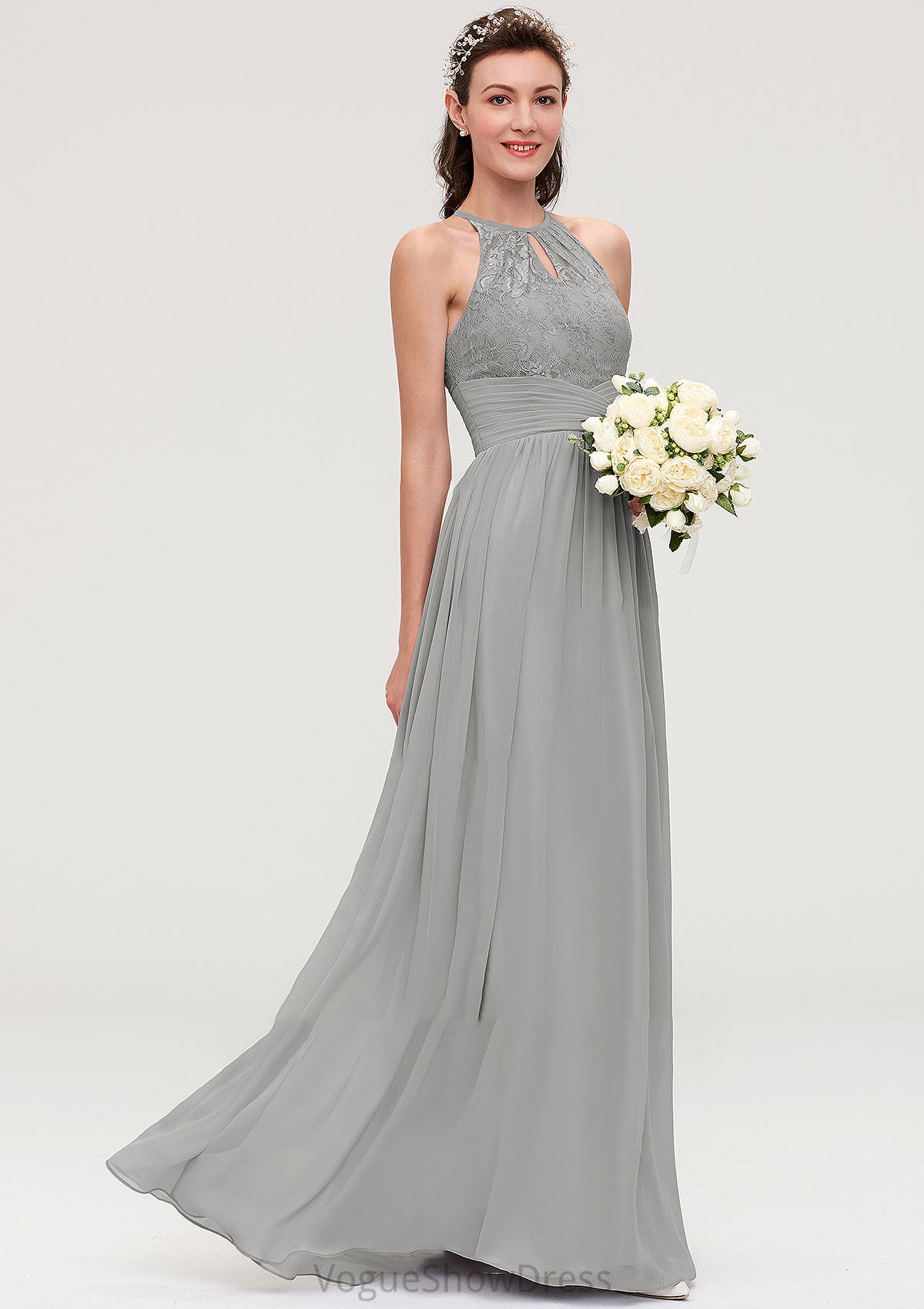 Sleeveless Scoop Neck Chiffon A-line/Princess Long/Floor-Length Bridesmaid Dresseses With Pleated Lace Saige DLP0025460