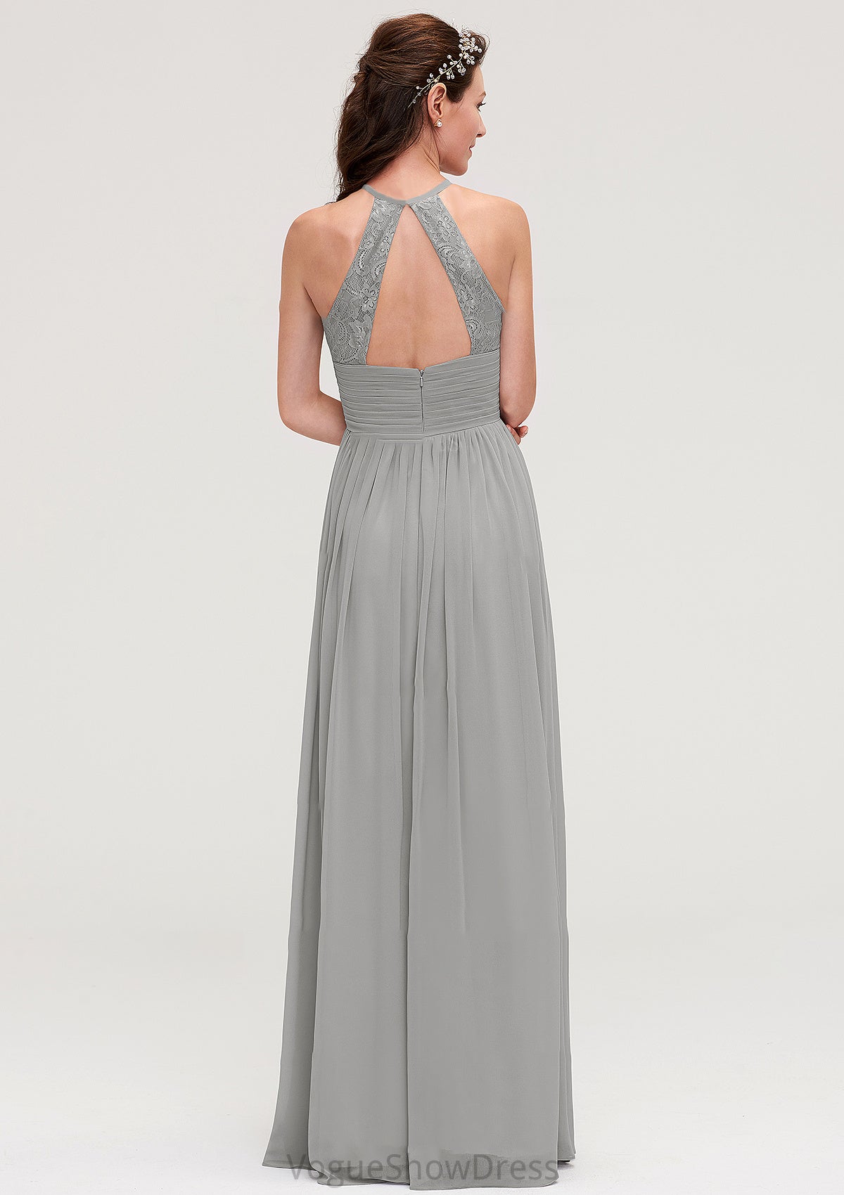 Sleeveless Scoop Neck Chiffon A-line/Princess Long/Floor-Length Bridesmaid Dresseses With Pleated Lace Saige DLP0025460