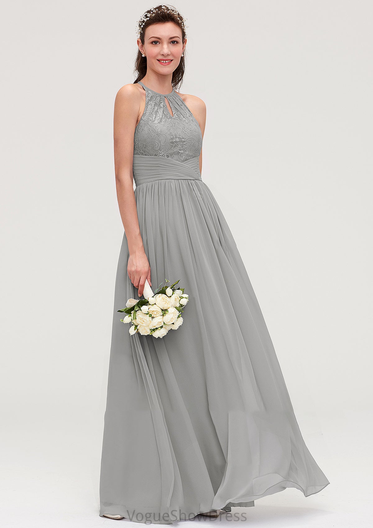 Sleeveless Scoop Neck Chiffon A-line/Princess Long/Floor-Length Bridesmaid Dresseses With Pleated Lace Saige DLP0025460