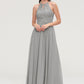 Sleeveless Scoop Neck Chiffon A-line/Princess Long/Floor-Length Bridesmaid Dresseses With Pleated Lace Saige DLP0025460