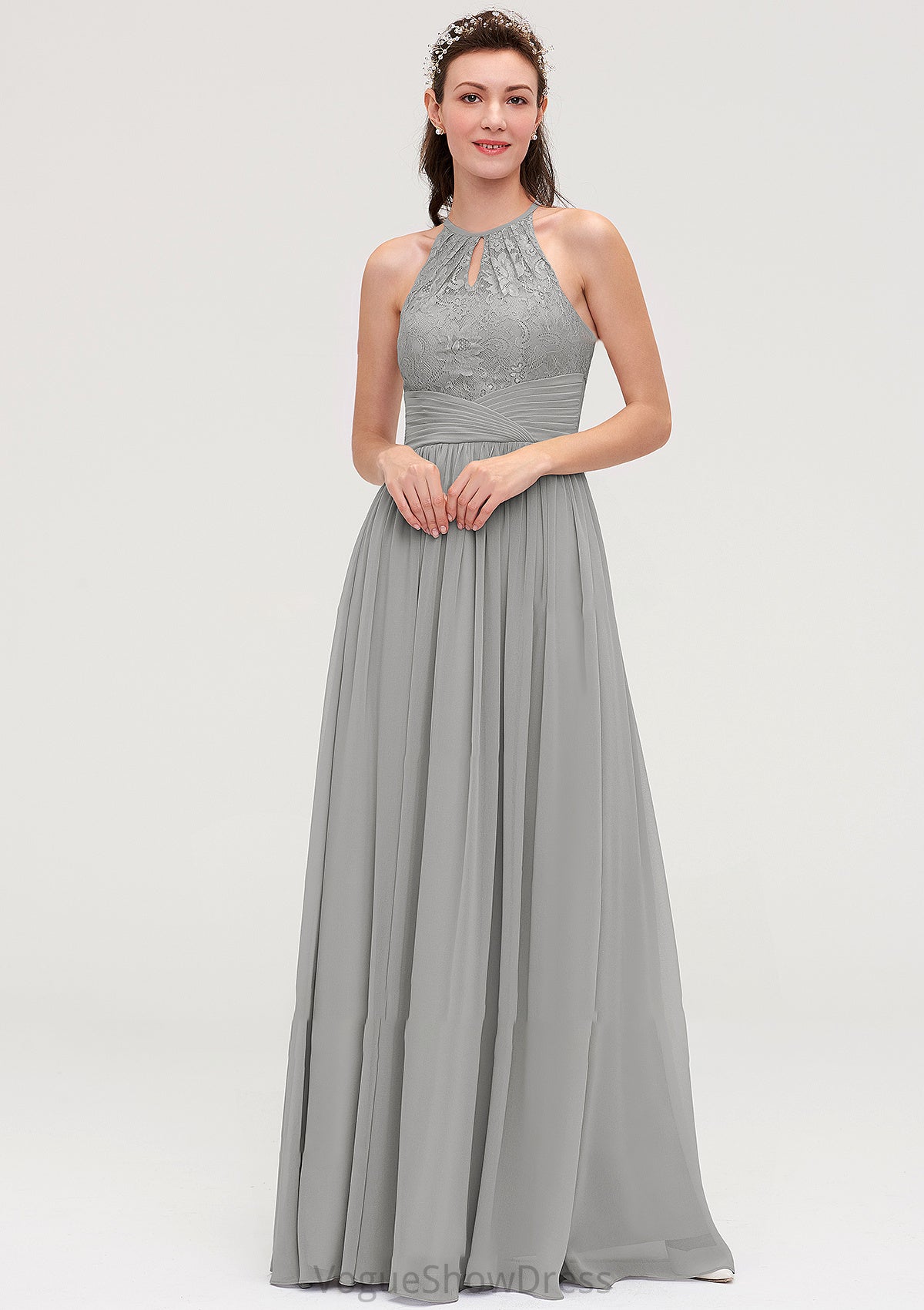 Sleeveless Scoop Neck Chiffon A-line/Princess Long/Floor-Length Bridesmaid Dresseses With Pleated Lace Saige DLP0025460