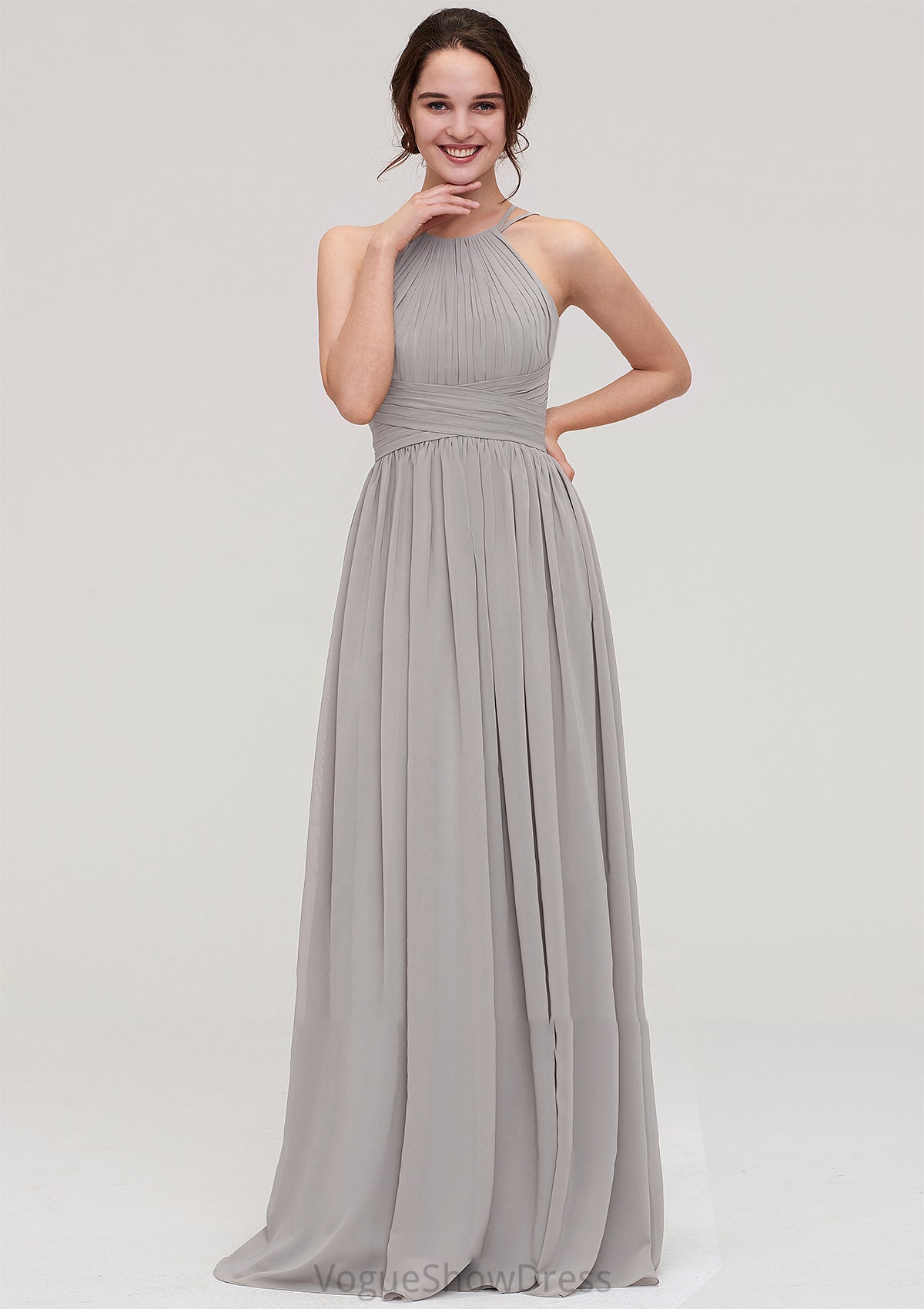 Halter Sleeveless A-line/Princess Long/Floor-Length Chiffon Bridesmaid Dresses With Pleated Layla DLP0025462