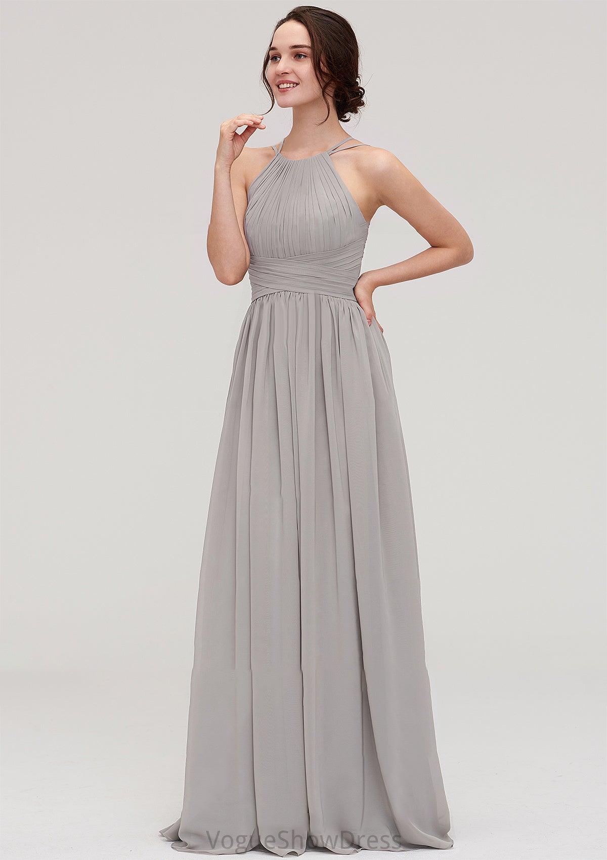 Halter Sleeveless A-line/Princess Long/Floor-Length Chiffon Bridesmaid Dresses With Pleated Layla DLP0025462