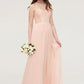 Bateau Sleeveless Long/Floor-Length Chiffon A-line/Princess Bridesmaid Dresses With Lace Pleated Tamia DLP0025464