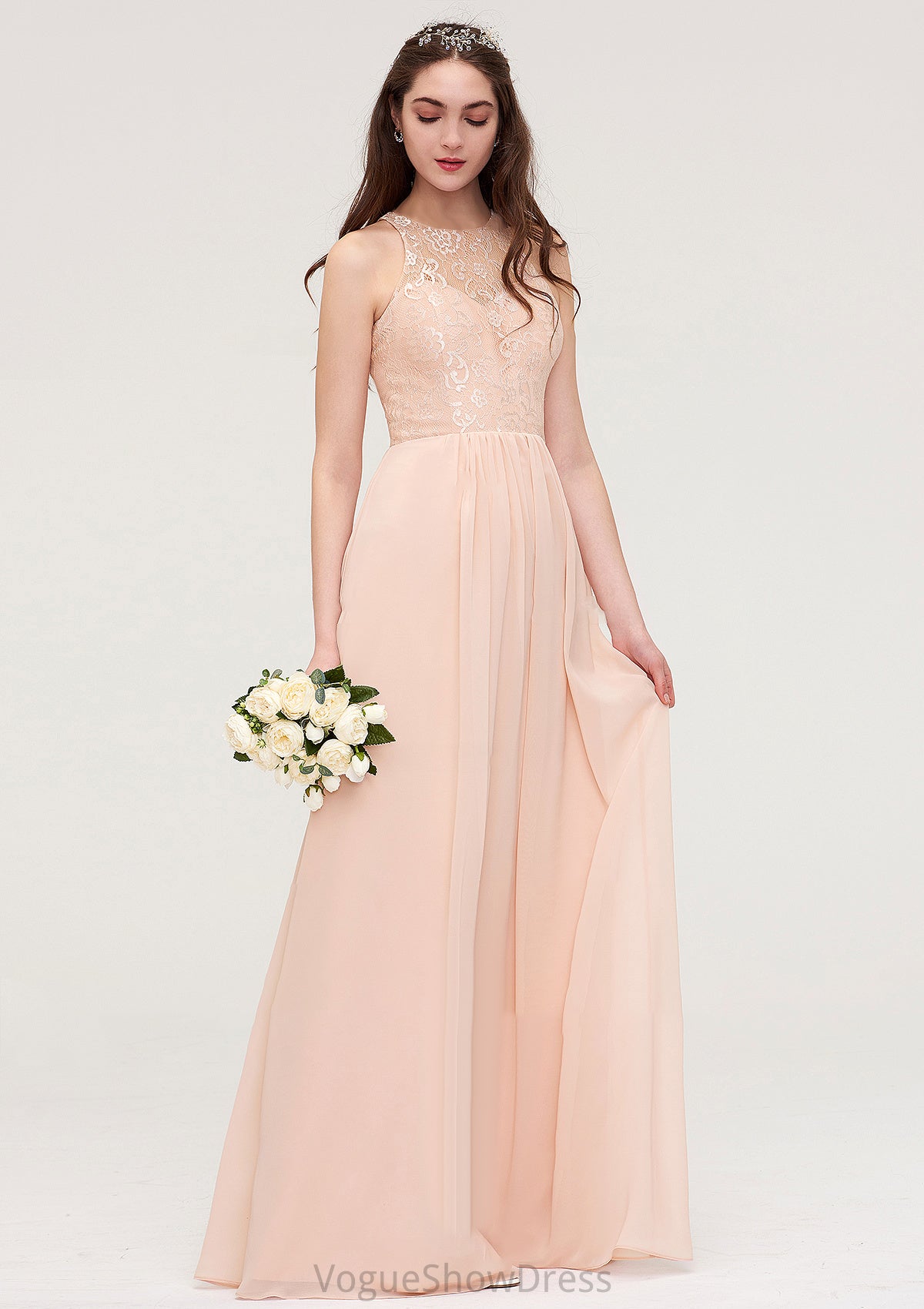 Bateau Sleeveless Long/Floor-Length Chiffon A-line/Princess Bridesmaid Dresses With Lace Pleated Tamia DLP0025464