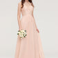 Bateau Sleeveless Long/Floor-Length Chiffon A-line/Princess Bridesmaid Dresses With Lace Pleated Tamia DLP0025464