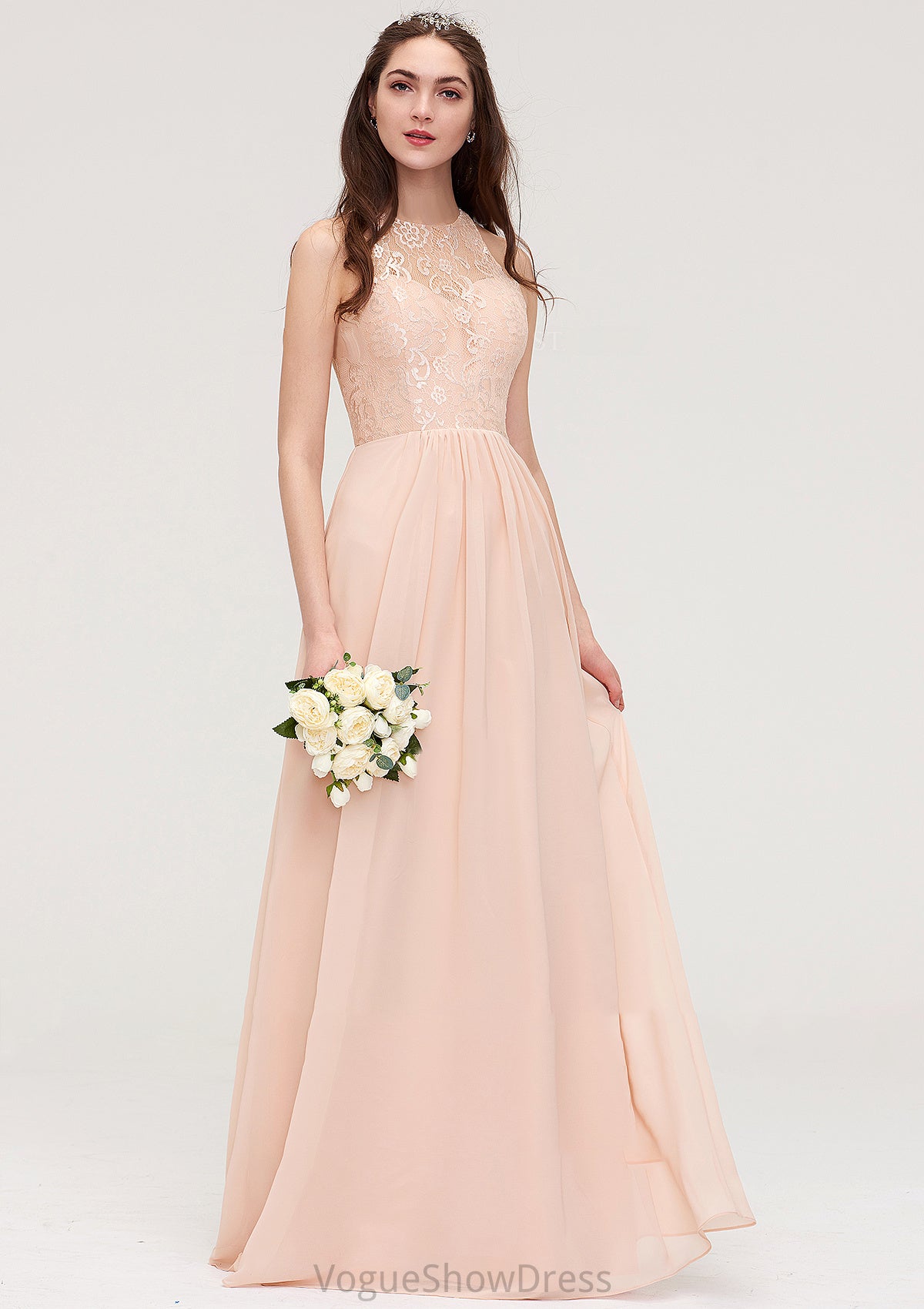 Bateau Sleeveless Long/Floor-Length Chiffon A-line/Princess Bridesmaid Dresses With Lace Pleated Tamia DLP0025464