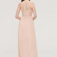 Bateau Sleeveless Long/Floor-Length Chiffon A-line/Princess Bridesmaid Dresses With Lace Pleated Tamia DLP0025464