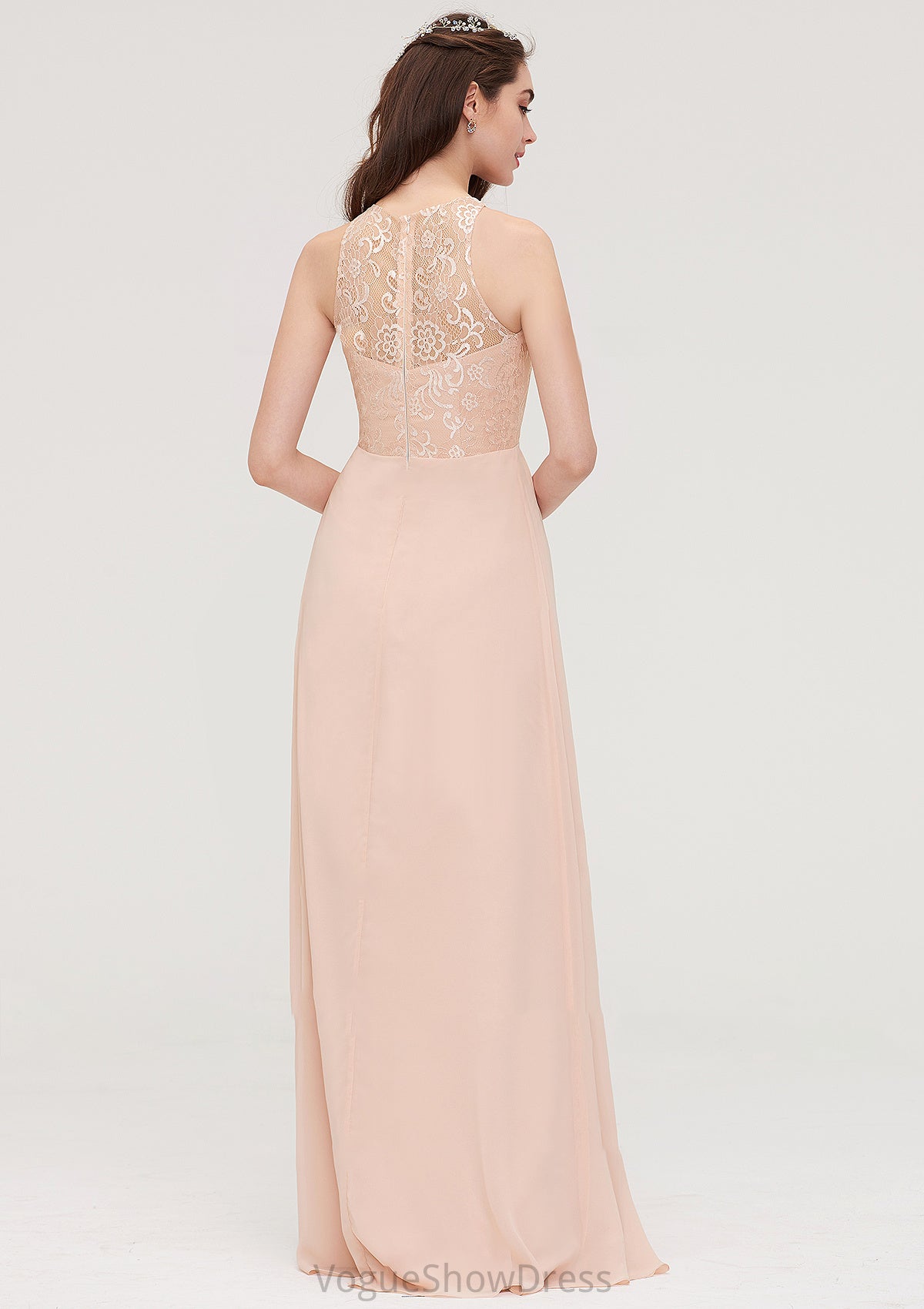 Bateau Sleeveless Long/Floor-Length Chiffon A-line/Princess Bridesmaid Dresses With Lace Pleated Tamia DLP0025464