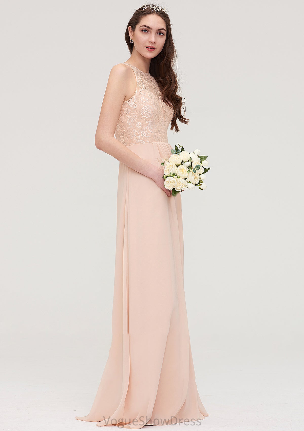 Bateau Sleeveless Long/Floor-Length Chiffon A-line/Princess Bridesmaid Dresses With Lace Pleated Tamia DLP0025464