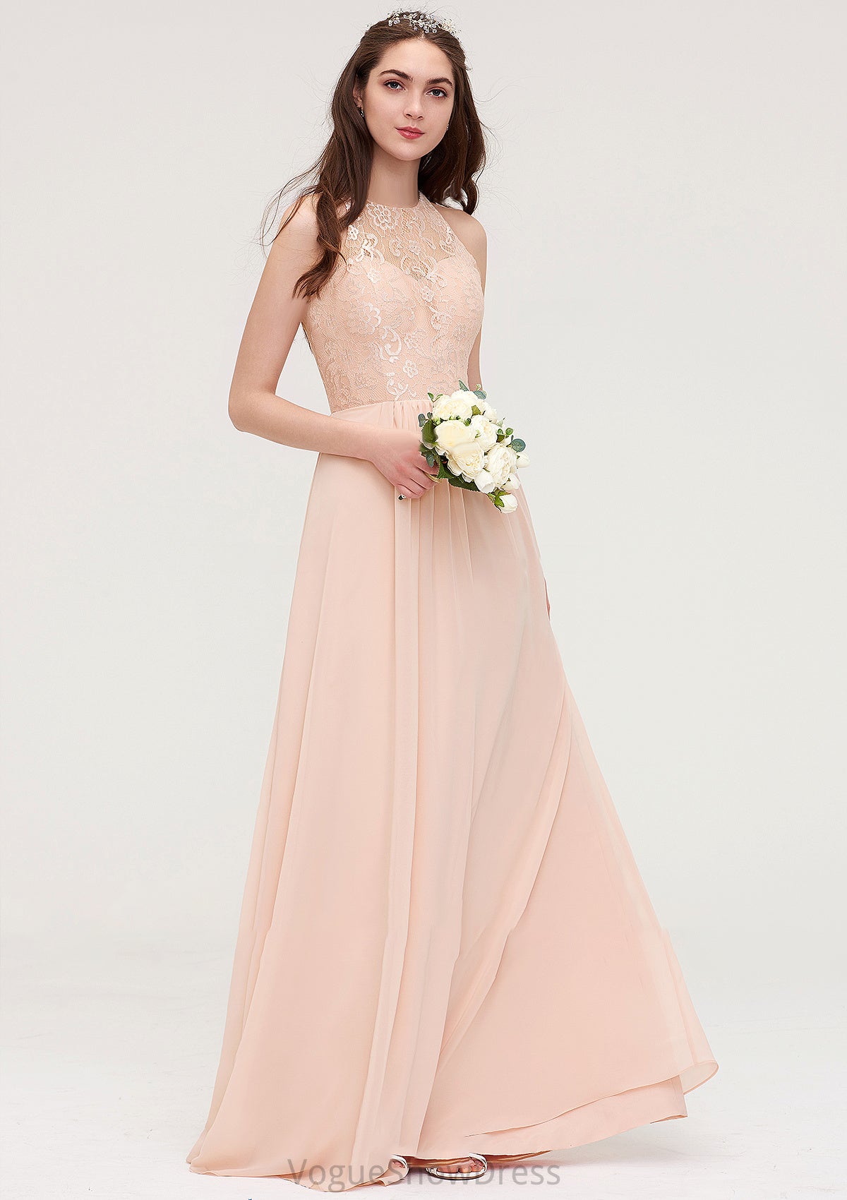 Bateau Sleeveless Long/Floor-Length Chiffon A-line/Princess Bridesmaid Dresses With Lace Pleated Tamia DLP0025464