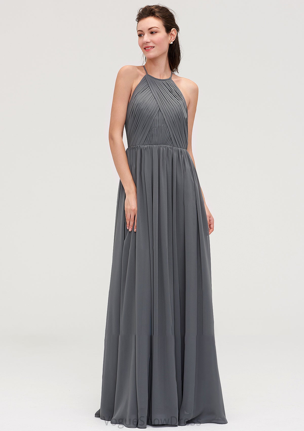 Sleeveless Halter Chiffon A-line/Princess Long/Floor-Length Bridesmaid Dresseses With Pleated Jaylen DLP0025466